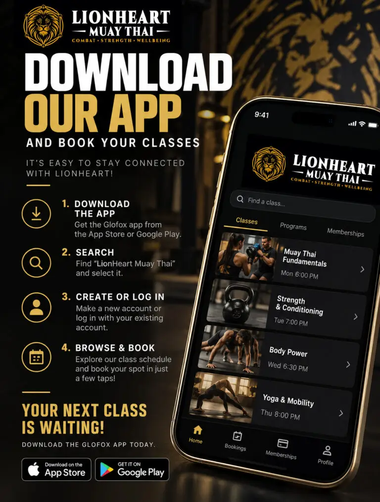 Download the LionHeart app on Glofox to book Muay Thai classes and memberships in Shepherd’s Bush